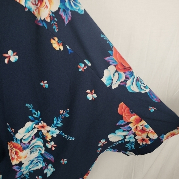 NWT Iman Navy Multicolor Floral VNeck 3/4 Sleeve Button Down Tie Up Shirt Sz 2X - Picture 6 of 11